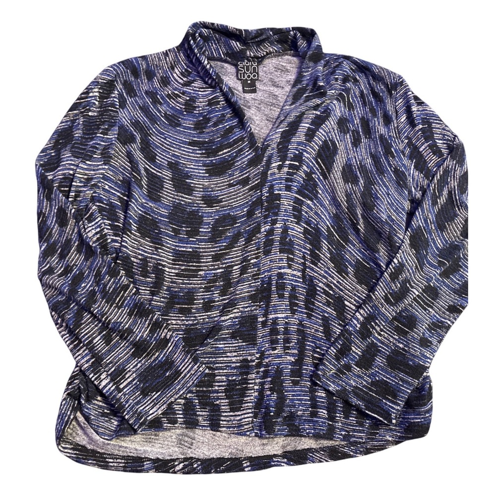 Clara Sun Woo Women's‎ Blue Black Abstract Print Draped Neck Top, Size Medium